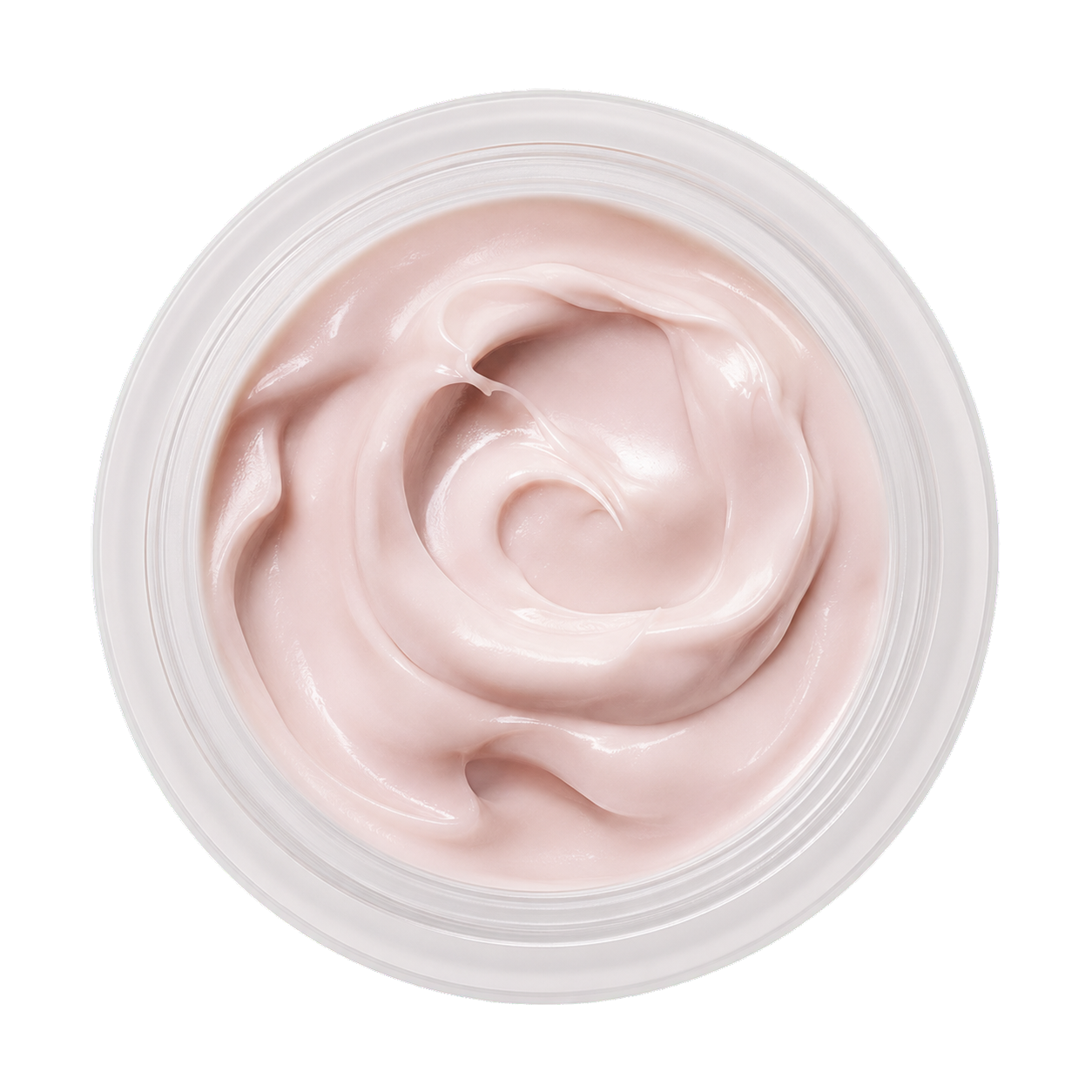 Pot ouvert de crème nude rosée vu du dessus